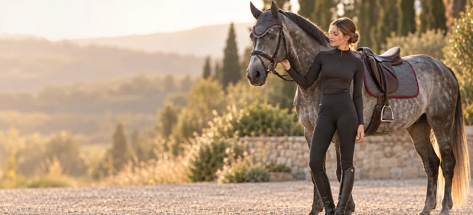 Rider in MONIVITO breeches and base layer with her horse in a matching saddle pad and ear bonnet